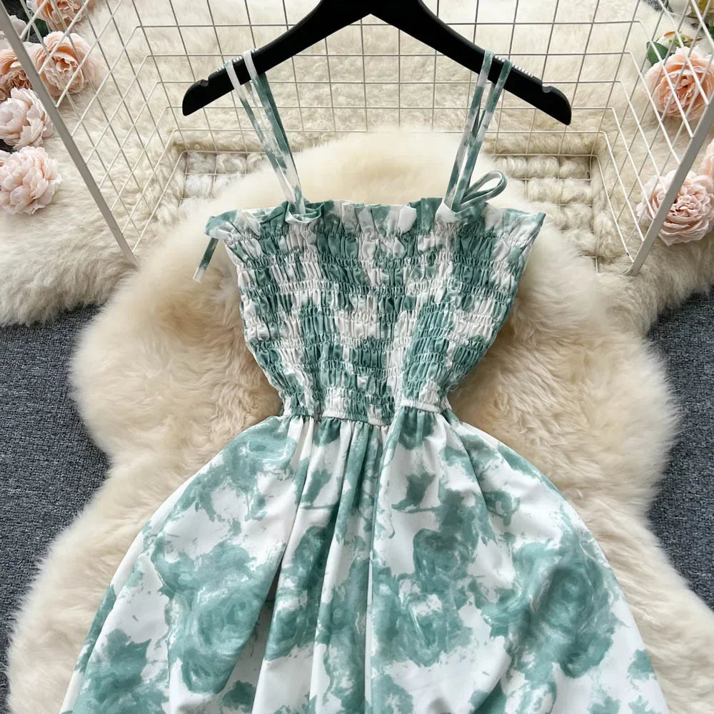 2024 New Summer Korean Fashion Rose Flower Print Romantic Retro Party Dress Elastic High Waist Vacation Long Dress Beach Vestido