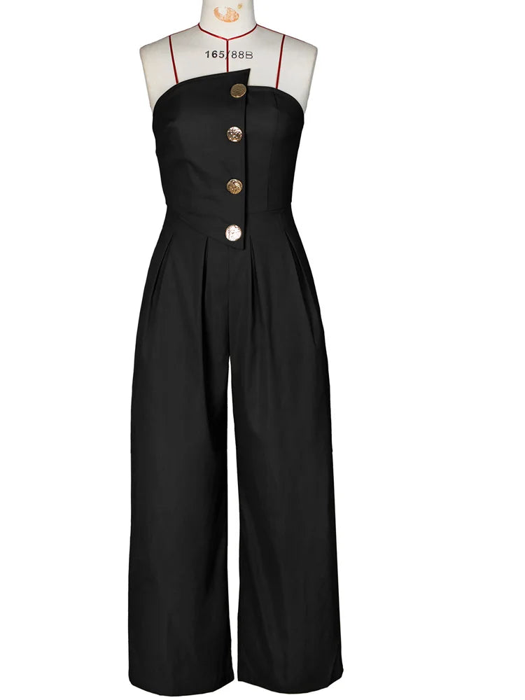 Beyprern New Chic Button Details Palazzo Jumpsuit One Piece Outfits Womens Ruched Strapless Wide Legs Jumpsuits Romper Clubwear