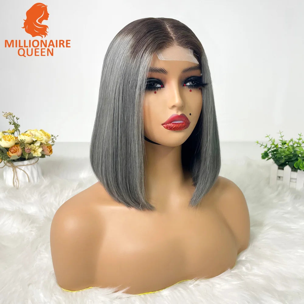 Vietnamese Hair Super Double Drawn Bone Straight 2x6 Bob Wig with 100% Human Hair T4/Gray 250% Density For Black Women