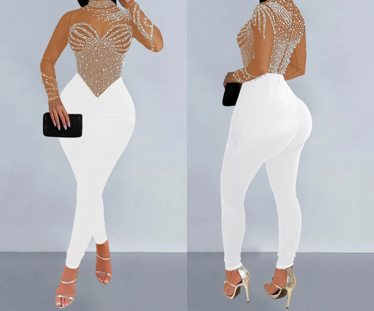 Elegant Women Jumpsuit Streetwear 2024 Spring Fashion Versatile Casual Solid Color Hot Diamond Long Sleeve Jump Suits for Female