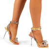 Comemore 2025 Rhinestone Bowknot Women Sandals Transparent High Heels Summer Sexy Square Toe Ankle Buckle Strap Shoes Stiletto