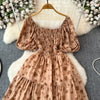 2024 New Summer Flower Print Long Dress Women Vintage Square Neck Ruched Chest Sash Bandage Sundress Party Vestidos