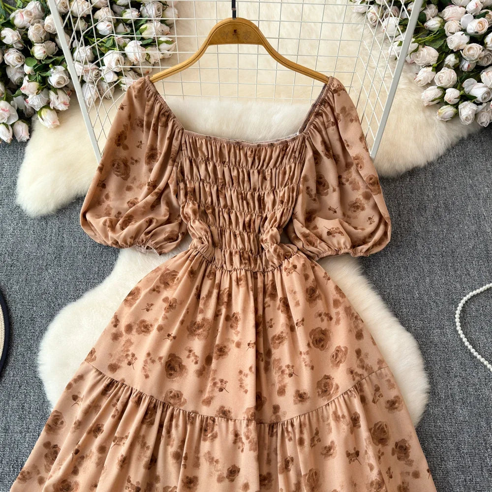 2024 New Summer Flower Print Long Dress Women Vintage Square Neck Ruched Chest Sash Bandage Sundress Party Vestidos