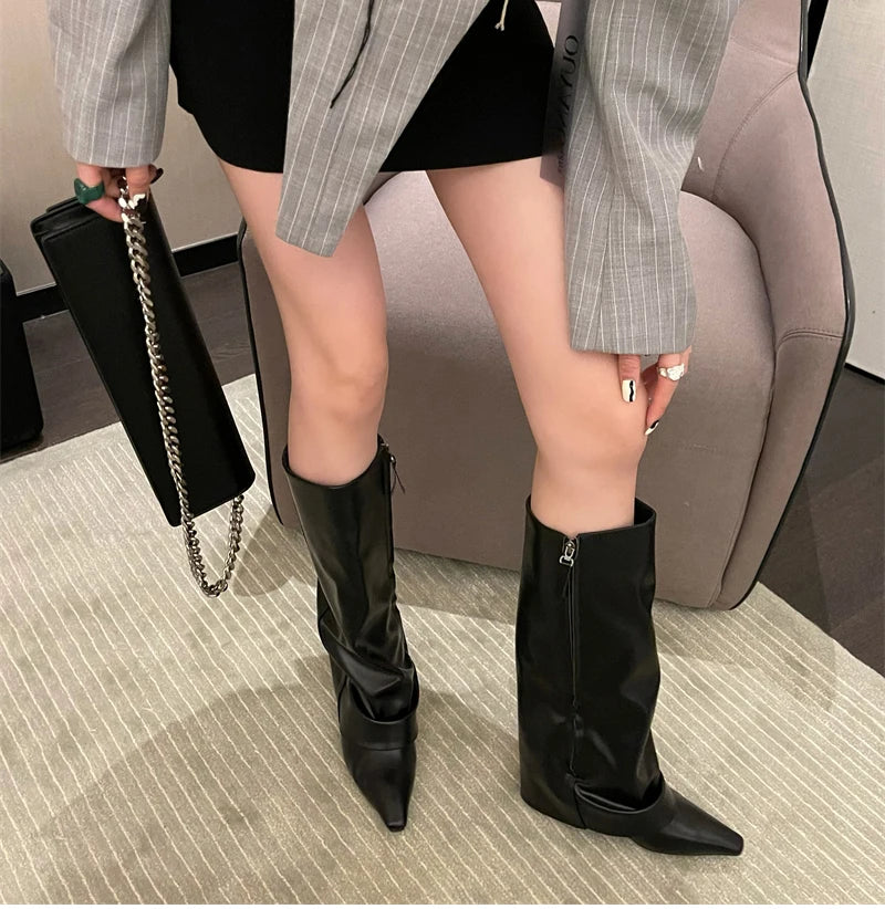 Designer Women Trouser Legs High Boots Fashion Side Zippers Long Boots Thick High Heels Autumn Winter Ladies Shoes