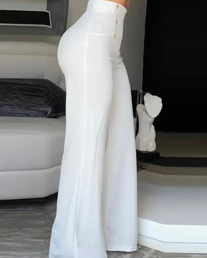 Summer Pants Women Button Decor High Waist Wide Leg Pants Elegant Loose Trousers Korean Fashion Streetwear