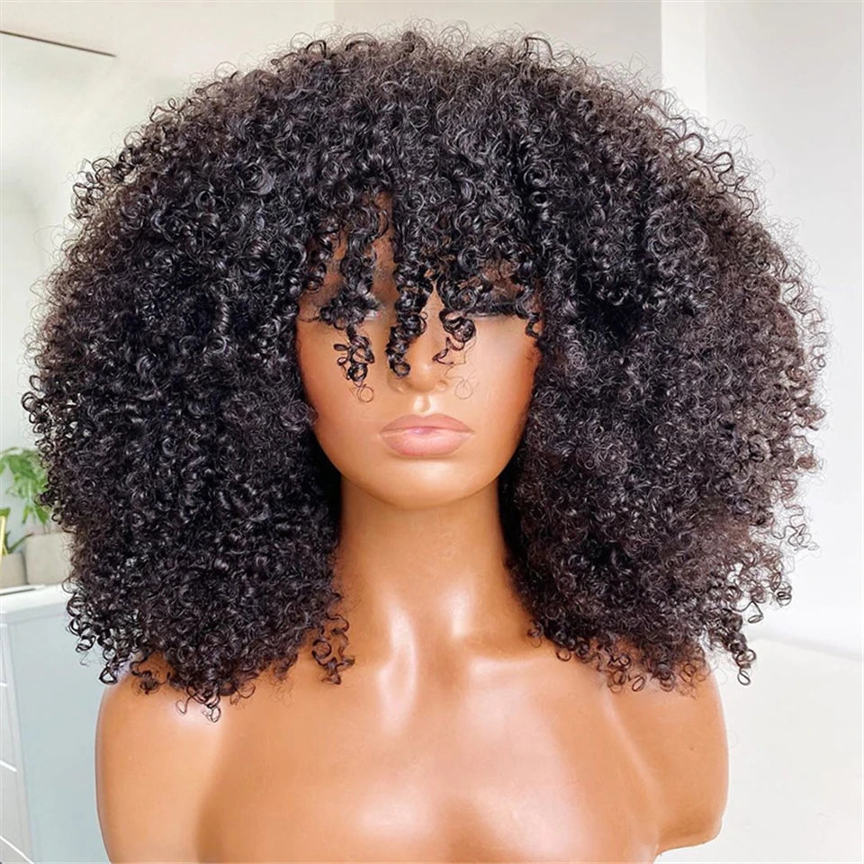 Afro Kinky Curly Wigs with Bangs 250% Density Brazilian Remy Human Hair Full Machine Made Wigs Short Afro Curly Wigs For Women