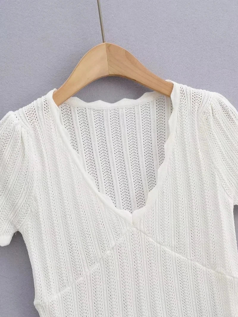 Women V Neck Knitted Crochet Tee With