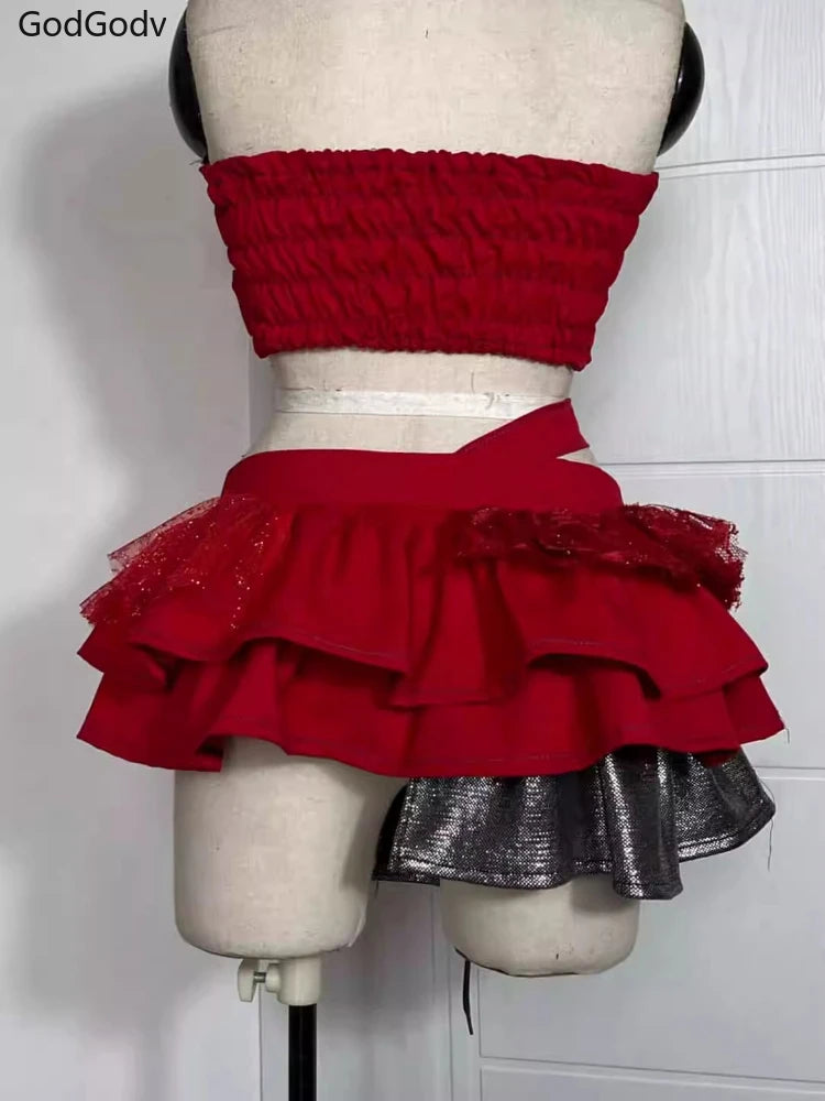 Punk Style Vintage Woman 2 Piece Sets Y2k Design Strapless Crop Tops + High Waist Ruffle Skirt Female Party Korea Style Outfits