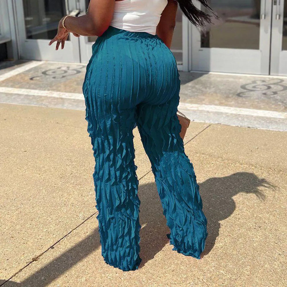 Women Pleated Ruffle Wide Leg Loose Pants Summer Female Mesh Wave Striped Full Trousers FDYFFZC-Y1260