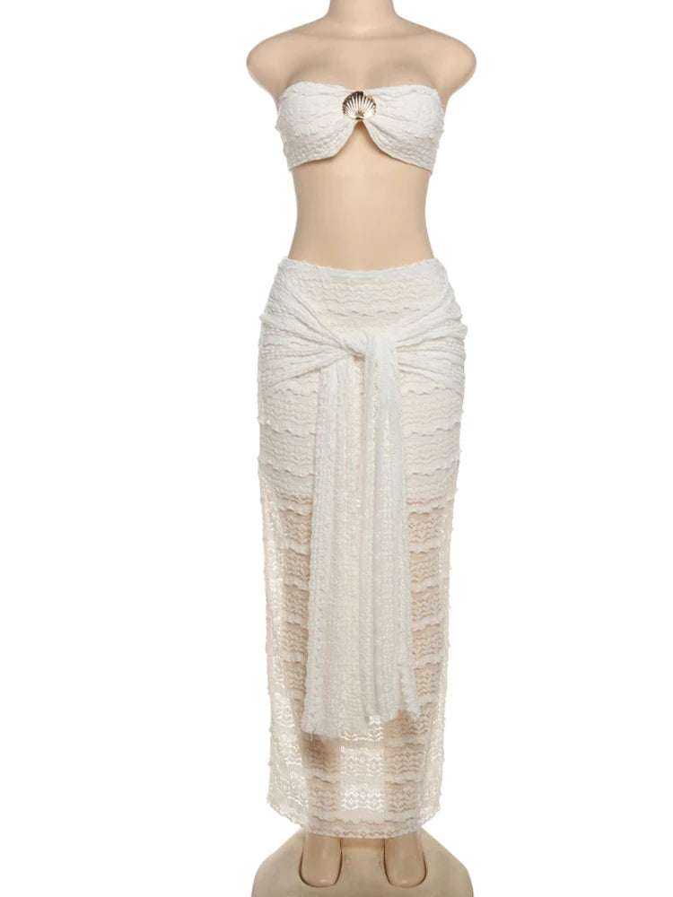 Weird Puss Elegant Women 2piece Set Sexy See Through Thin Tierred Y2K Seashell Tube Top+Wrapped Bandage Skirts Matching Clubwear