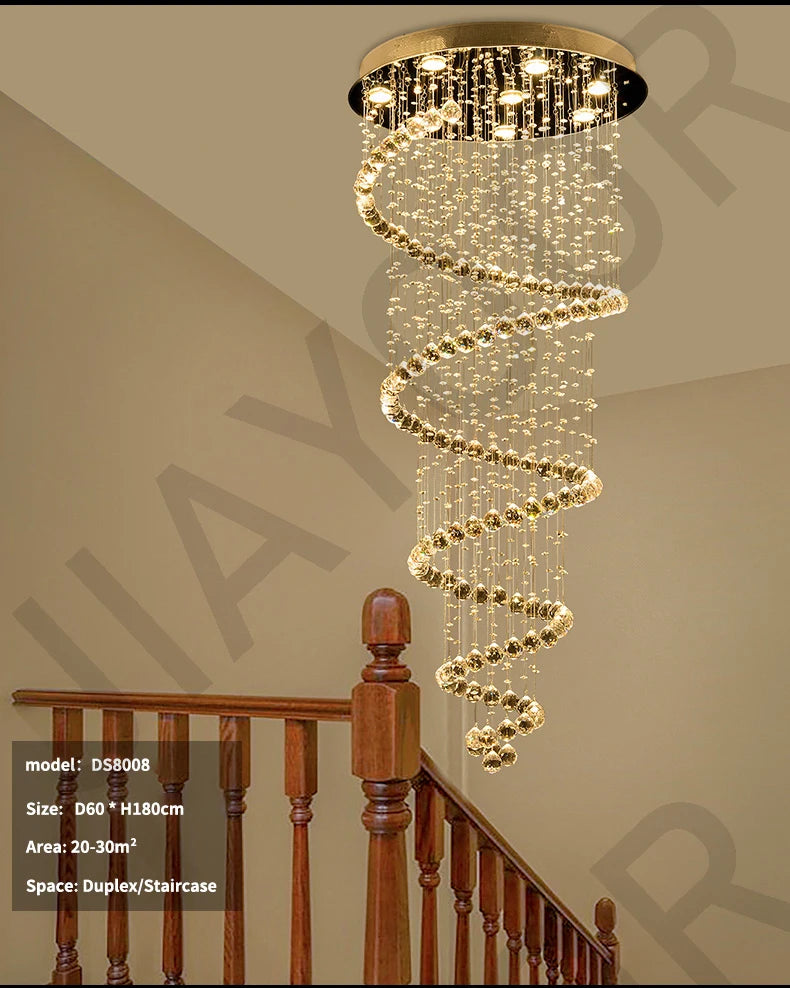 Staircase Long Pendant Lamp, Villa Lamp, Crystal Hanging Line Lamp, Duplex Living Room Spiral Lamp, Glass Romantic Decorative La