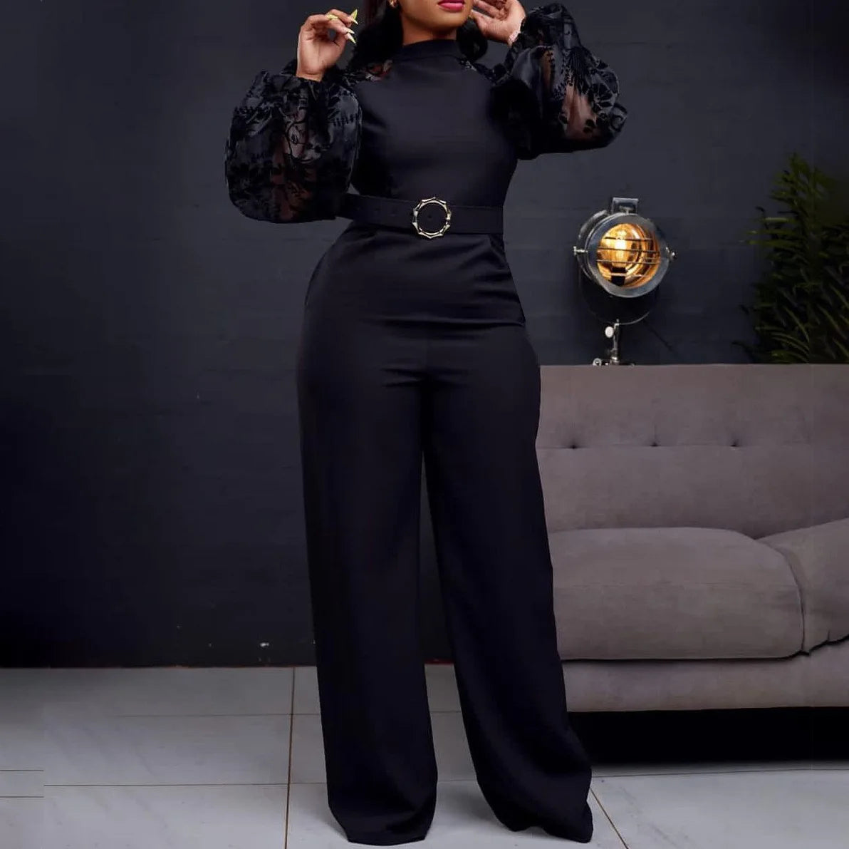Elegant Jumpsuits for Women Luxury Round Neck Full Sleeve Belt Waisted High Waisted Straight Female Birthday Party Celebrate New