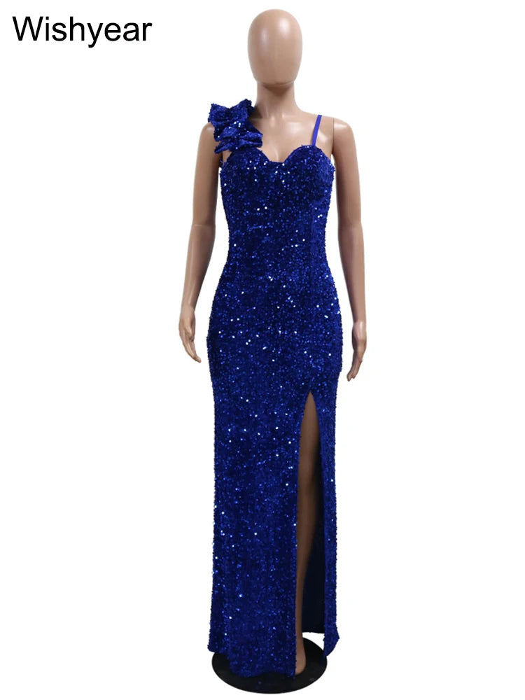 New Sexy Slit Leg Padded Long Cocktail Prom Dress Women‘s Luxury Sequin Strap Evening Party Wedding Gown Birthday Night Vestidos