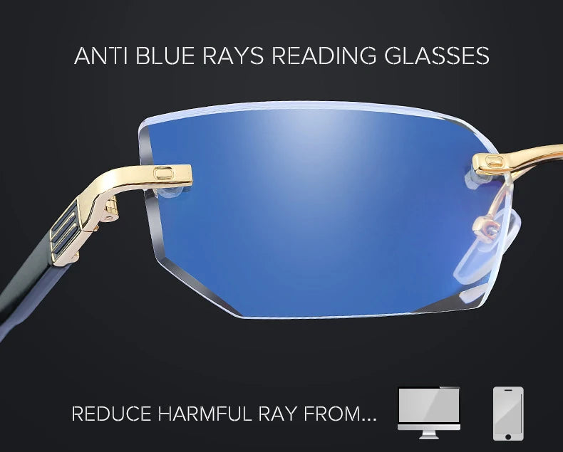 Men Blue Light Blocking Reading Glasses Women Dimond Cutting Rimless Eyeglasses Frame Anti Fatigue Hyperopia Presbyopic Eyewear