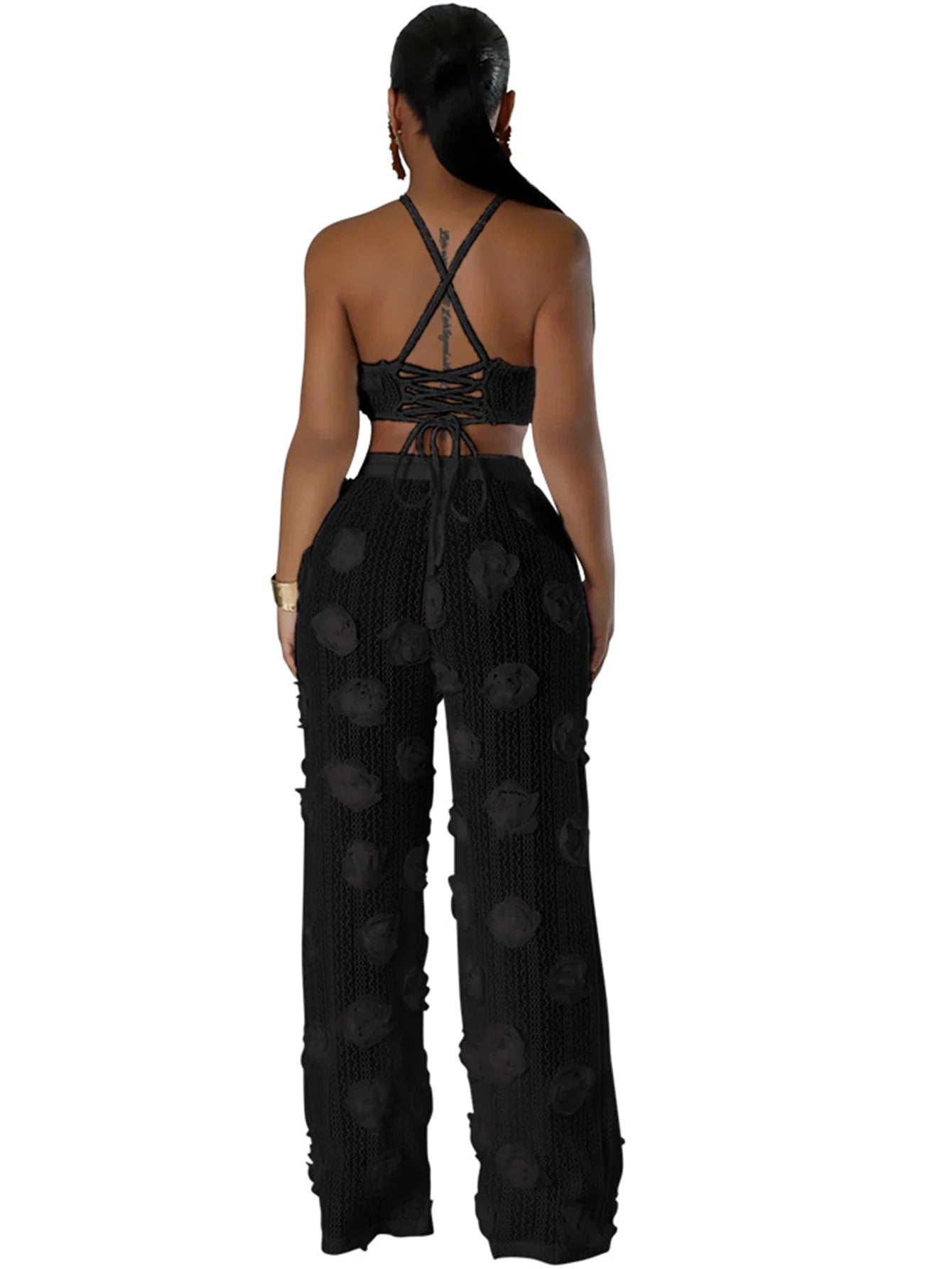 Sexy see through lace up vacation jumpsuits women summer body party club outfits streetwear womens jumpsuit Wide leg pants sets