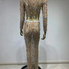 Festival Outfit Women High End Fashion Nude Color Rhinestone Mesh Long Sleeve O Neck Crop Top and Long Skirts Gala Two Piece Set