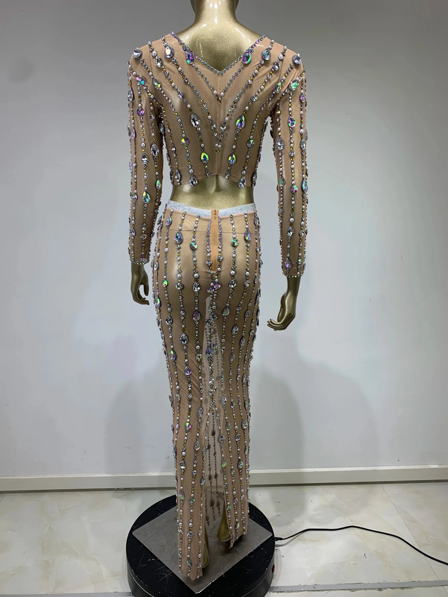 Festival Outfit Women High End Fashion Nude Color Rhinestone Mesh Long Sleeve O Neck Crop Top and Long Skirts Gala Two Piece Set