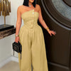 Beyprern New Chic Button Details Palazzo Jumpsuit One Piece Outfits Womens Ruched Strapless Wide Legs Jumpsuits Romper Clubwear
