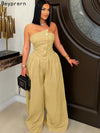 Beyprern New Chic Button Details Palazzo Jumpsuit One Piece Outfits Womens Ruched Strapless Wide Legs Jumpsuits Romper Clubwear