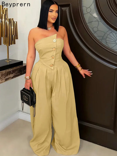 Beyprern New Chic Button Details Palazzo Jumpsuit One Piece Outfits Womens Ruched Strapless Wide Legs Jumpsuits Romper Clubwear
