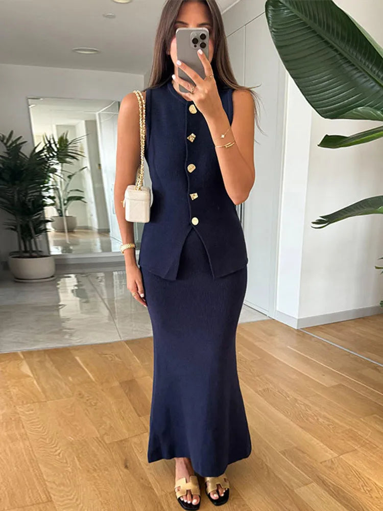 Elegant Knit Vest Suits Women Solid Single Breasted O-neck Sleeveless Slim Waistcoat Bodycon Midi Skirts 2025 Spring Lady Outfit