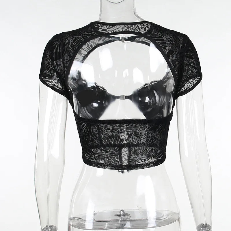 FAGADOER Sexy Lace See Through 2 Piece Sets Woman Outfit Hollow Out Crop Top + Flare Pants Female Y2K Streetwear Summer Spring