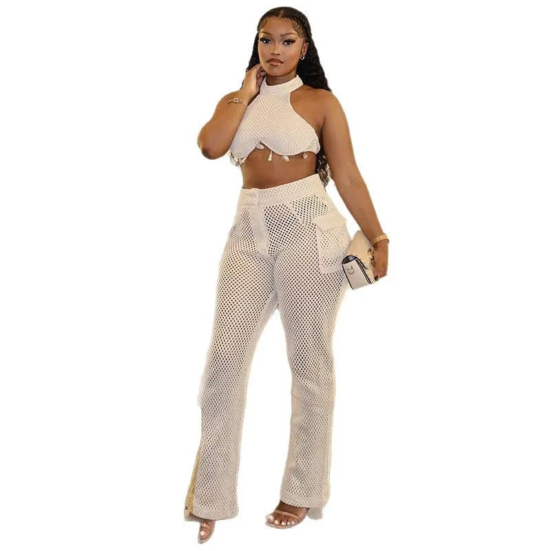 2025 Summer New Fashionable Women's Two Piece Solid Color Neck Hanging Skirt Top with Hollow Pocket Pants Set
