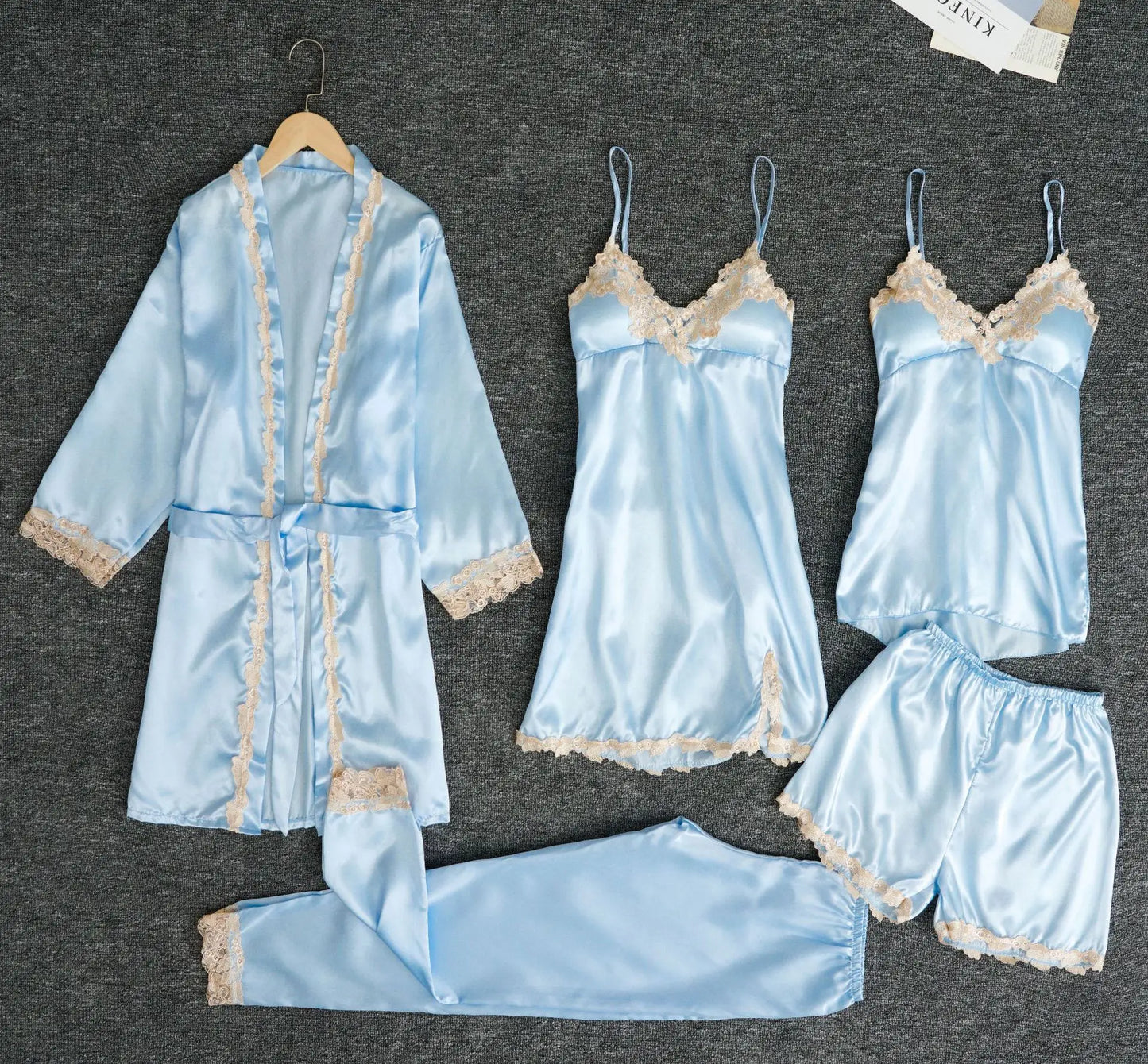 TOP Silk Robe Sleep Suit Womens Lace Satin Pajamas Gown Set V-Neck Cami Nighties Wear Pijama Home Nightwear Spring Nightdress