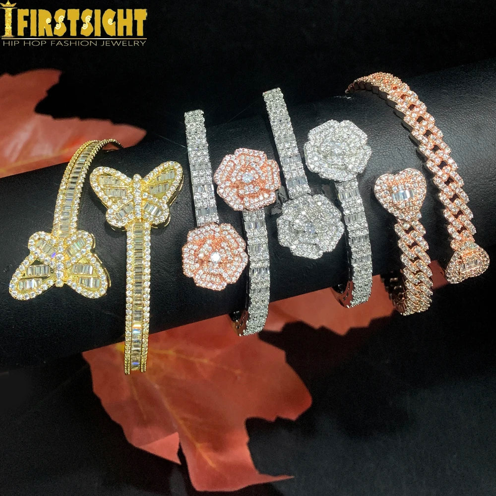 2025 New Iced Out Bling Opened Heart Flower Charm Bracelet AAA CZ Zircon Butterfly Bangle For Men Women Hip Hop Luxury Jewelry