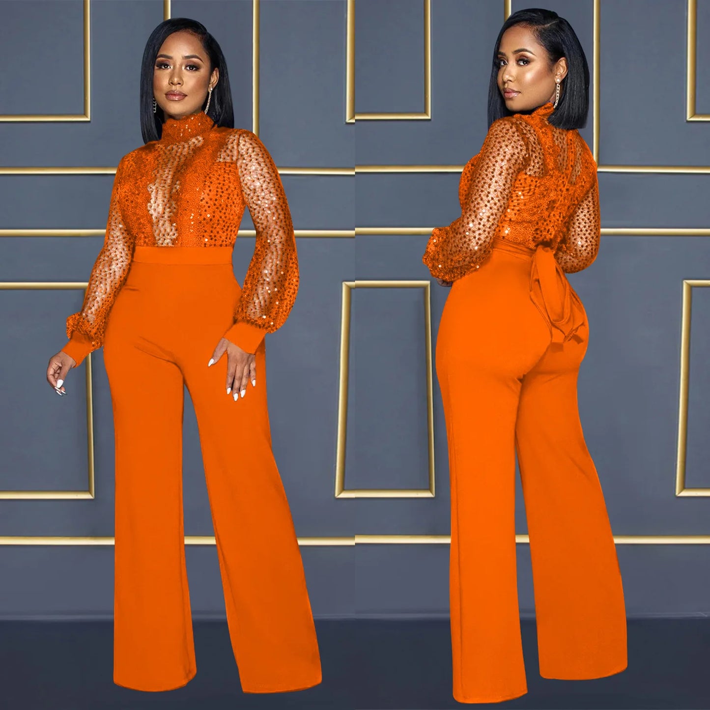Fashion Women's Clothing Hollow Long-sleeved Loose Wide Leg Jumpsuits Overall Pants Solid Color Sexy Lace