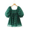 2024 Sweet Green Gingham Plaid Organza Ball Gown Dress Puff Sleeve Retro Women Swing Short Princess Robe Fairy Cake Vestidos
