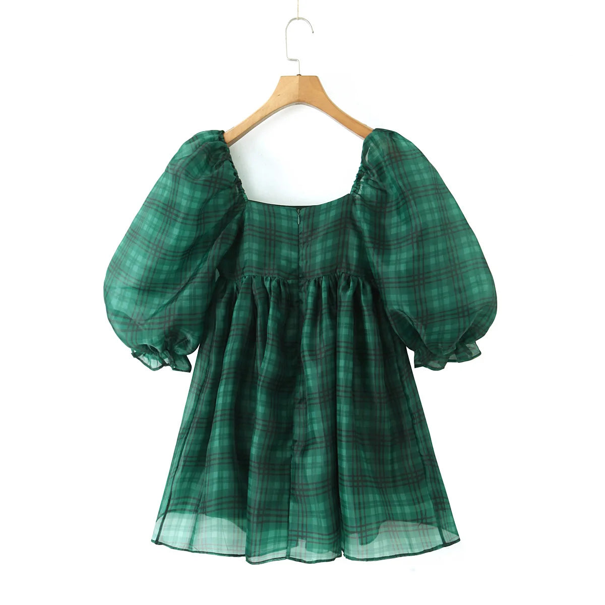 2024 Sweet Green Gingham Plaid Organza Ball Gown Dress Puff Sleeve Retro Women Swing Short Princess Robe Fairy Cake Vestidos