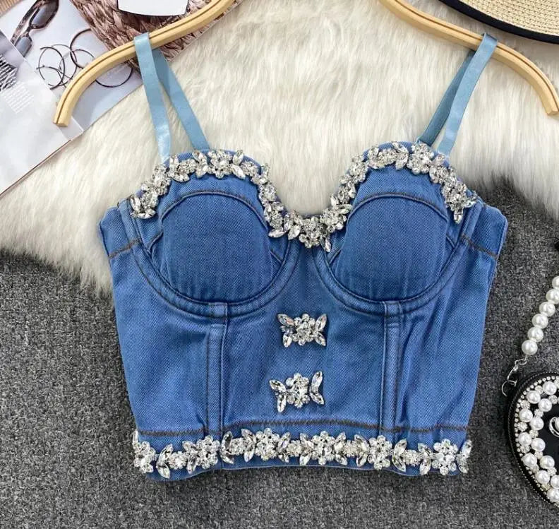 Streetwear Diamonds Denim Vest Female Bra Sleeveless Backless Sexy Summer Tank Tops For Women Camisole y2k Crop Top 2025