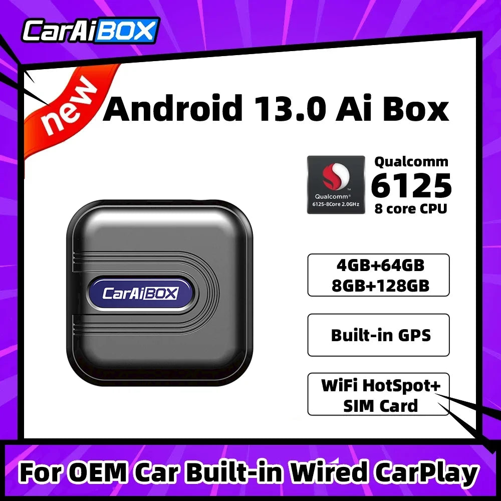 CarAiBOX CarPlay Ai Box Qualcomm 6125 8-Core CPU Android 13.0 System Wireless CarPlay Android auto Built-in Google Play Store