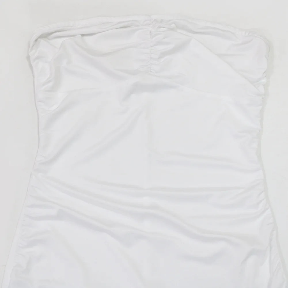 CM.YAYA Women Strapless Sleeveless Ruched Stacked Mini Dress 2025 Summer Beach Vacation Party Birthday Street Sexy Dresses