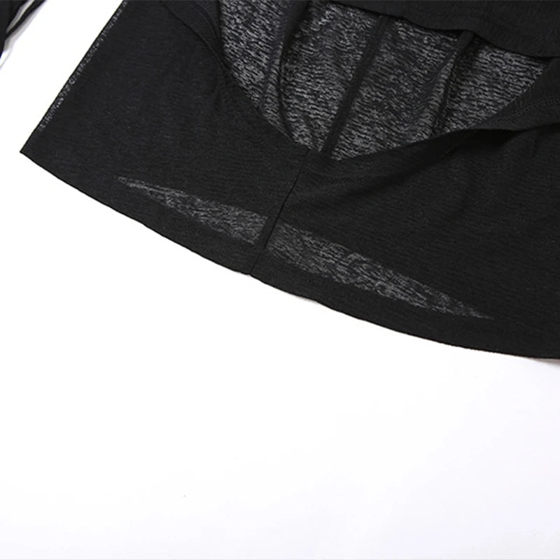 OMSJ Women Gothic 2024 Black Hooded Knitted High Split Long Dress Hollow Sexy See-through Straight Dress Festival Rave Club Wear