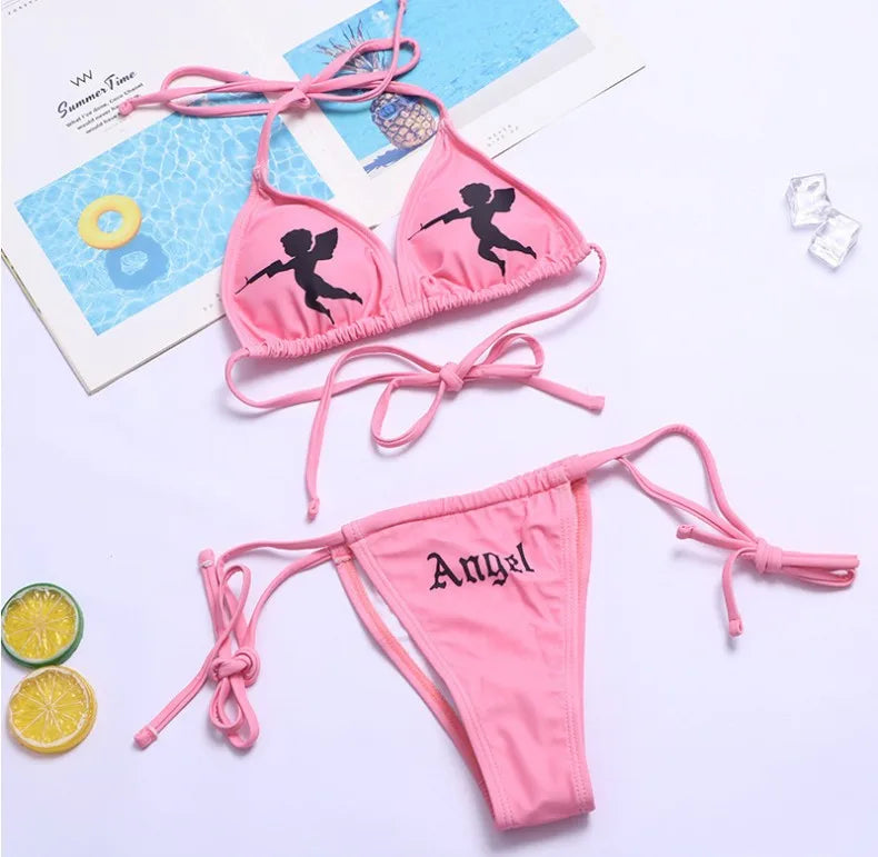 Punk Gothic Letters Print Bikinis Set Sexy Bikini 2023 Women Skull Pattern V-neck Swimwear Fashion Swimsuit Bathing Suit