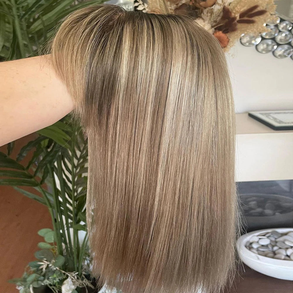 Ash Blonde Balayage Ombré Roots Cute Bangs Wig 100% Premium Virgin Human Hair HD Lace Front Wig 150 Density Straight Bob Wig