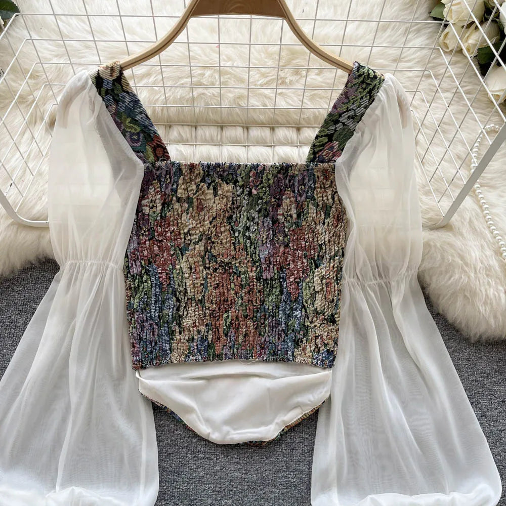 YuooMuoo Women Tops 2025 Spring Retro Y2K Rose Flower Print Long Sleeve Gothic Shirts Fashion Irregular Bandage Party Blouses