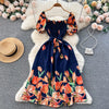 YuooMuoo Fashion Summer Flower Print Long Dress Women Vintage Square Neck Ruched Chest Sash Bandage Sundress Party Vestidos