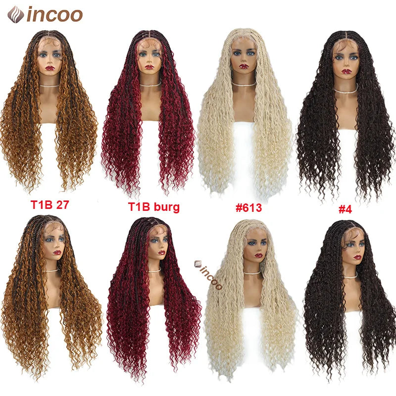 Boho Box Braided Wigs Curly Hair Synthetic Full Lace Front Wigs for Black Women Goddess Locs Braid Wig Bohemian Box Braid Wig