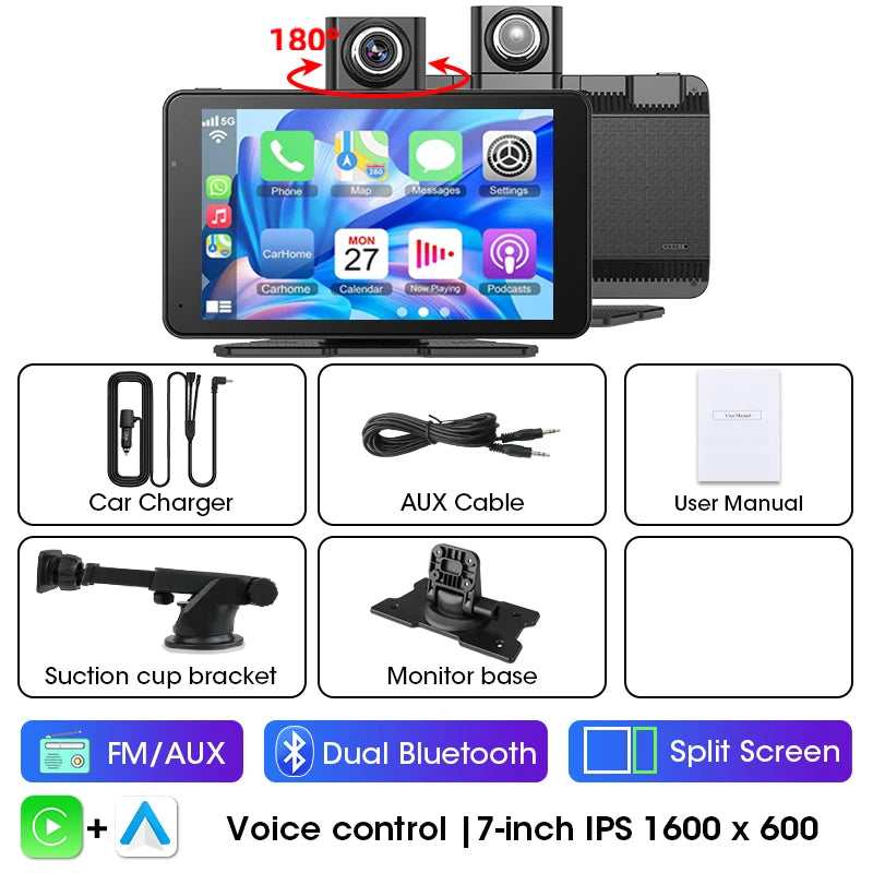 Jansite 7" Car DVR 2.5K Dash cam Wireless Carplay Android Auto Front and Rear Camera Dashboard Driving Recorder Dual Lens Wifi