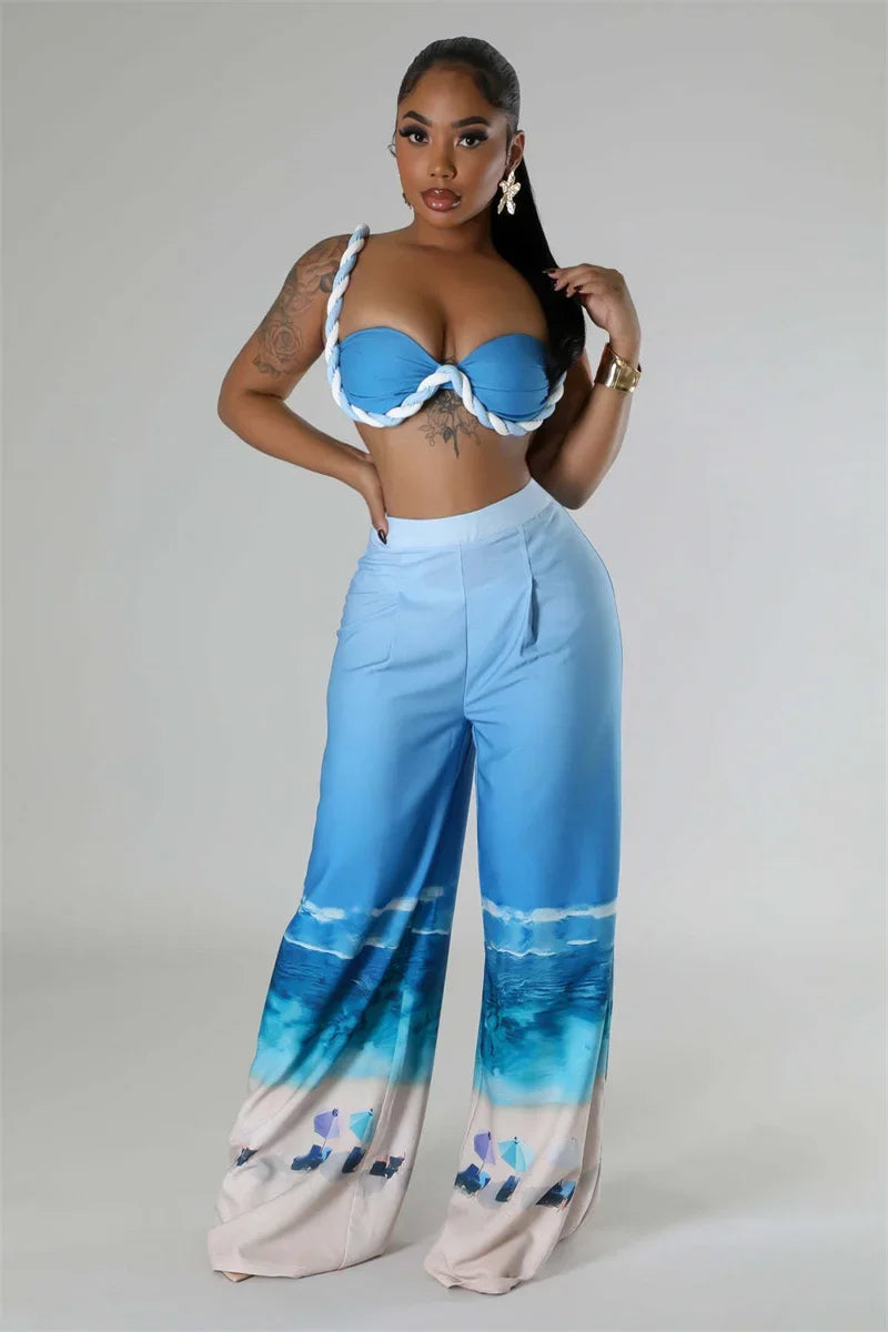 Sexy Nightclub Outfits for Women 2 Piece Set Birthday Vacation Bra Crop Top and Print Wide Leg Pants Matching Sets Beach Wear