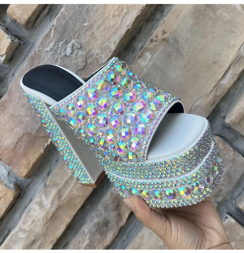 Luxury Handmade Full Rhinestones Platform Wedges Women Slippers Sandals Fashion Summer High heels Mules Slides Chunky Shoes