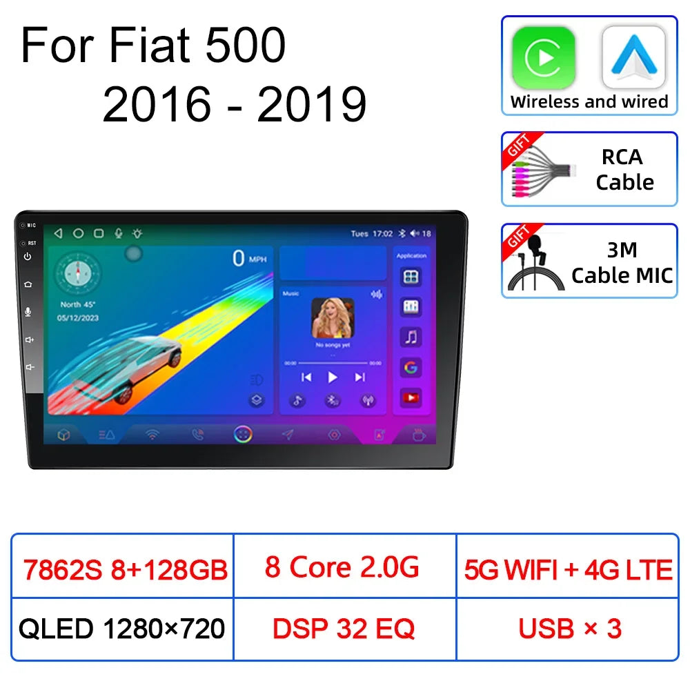 For Fiat 500 2016 2017 2018 2019 Car Multimedia Carplay Android Auto GPS stereo Radio Video Palyer 10 Inch Head Unit