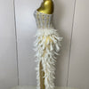 Stock 2025 Women Sexy Sparkly Rhinestone Mesh Feather Long Dress Elegant Evening Party Celebrate Birthday Performance Costume