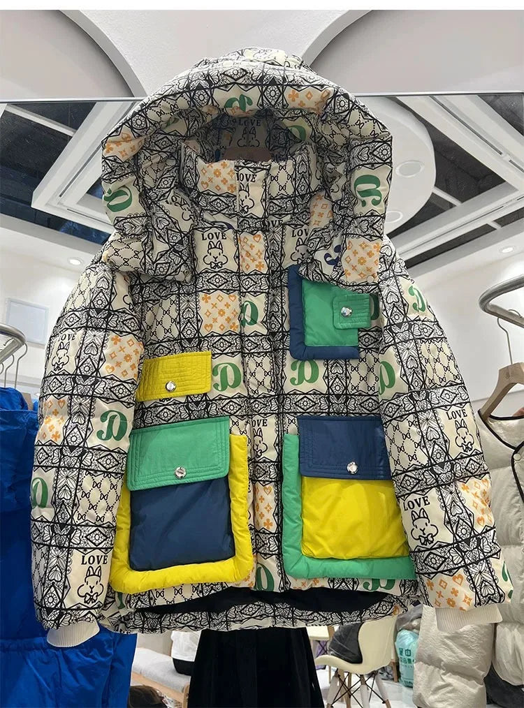 2023 European Station Winter New Down Jacket Women's Warm Fashion Short Color Patchwork Graffiti thick White Duck Down Coa