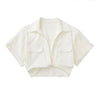 Women Fashion Front Knot Elastic Linen Cropped Shirts Vintage Short Sleeve Patch Pockets Female Blouses Blusa Chic Tops