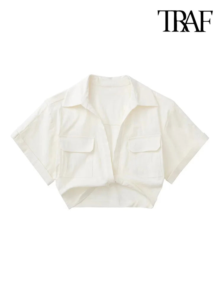 Women Fashion Front Knot Elastic Linen Cropped Shirts Vintage Short Sleeve Patch Pockets Female Blouses Blusa Chic Tops
