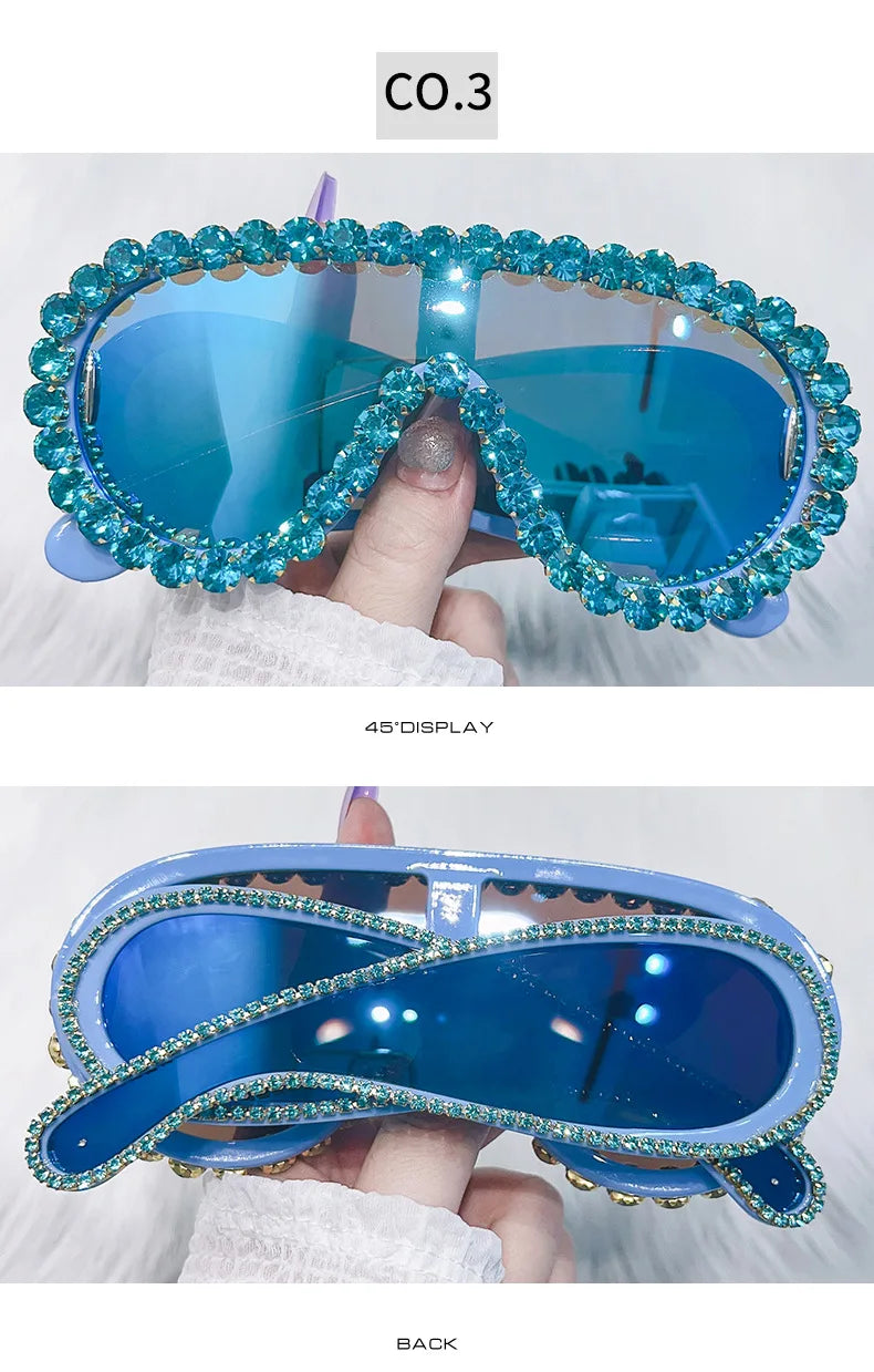 Oversized Punk Rhinestones Sunglasses Women 2024 Luxury Brand One-Piece Y2K Sports Sun Glasses for Lady Steampunk Eyewear UV400